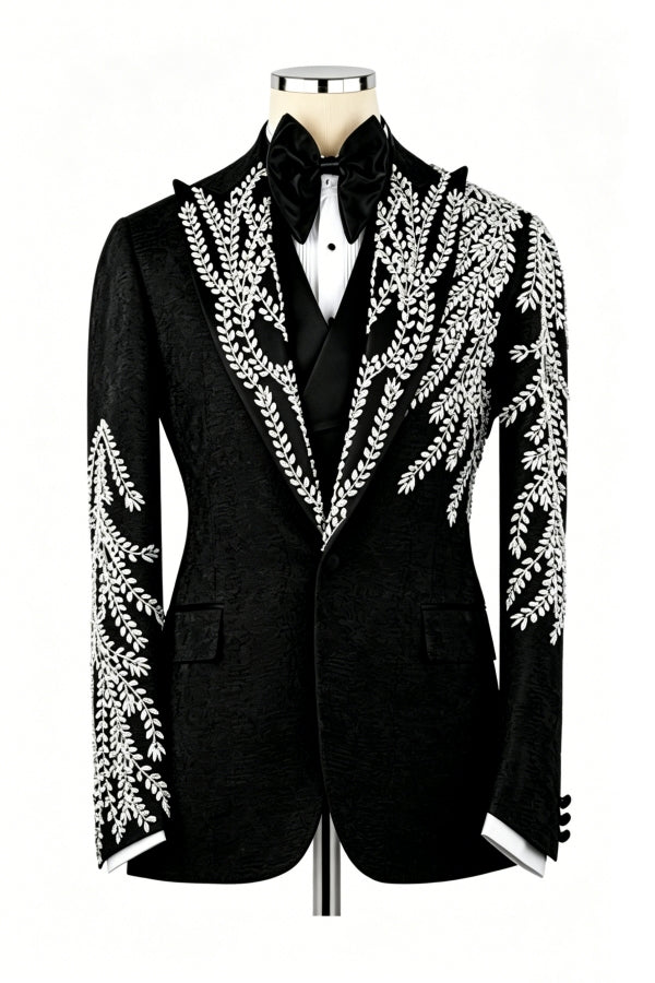 Black Jacquard Newest Peaked Lapel Appliques 3 Pieces Prom Men Suit