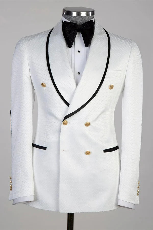 Gentle White Shawl Lapel Double Breasted Wedding Suits With Black Pants