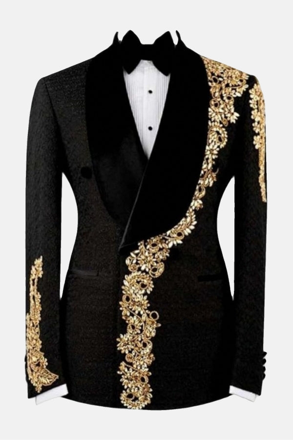 Black Jacquard Double Breasted Shawl Lapel Appliques Prom Suit