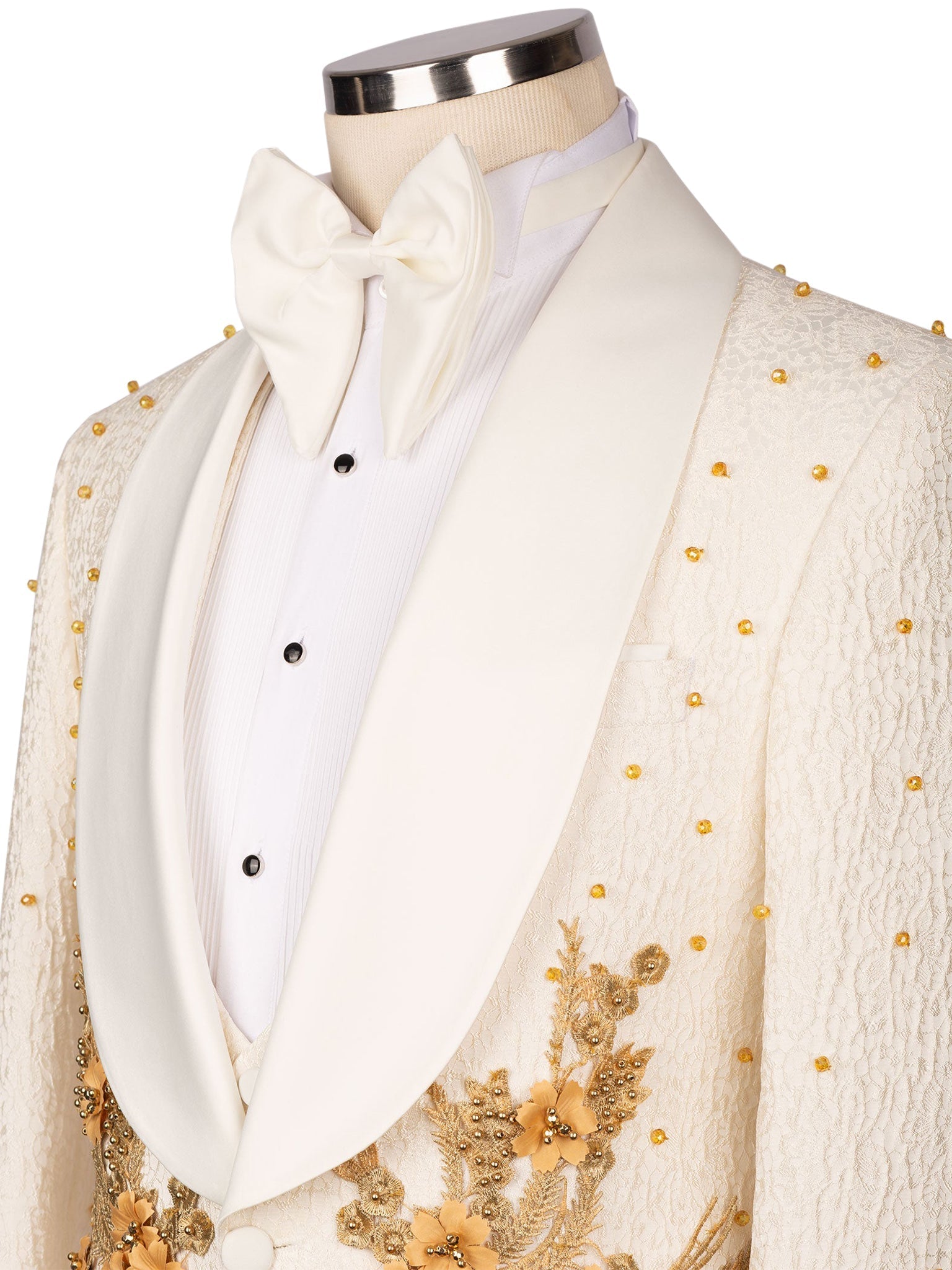 3 Pieces Cream Shawl Lapel Gold Beadings Prom Suit With Appliques