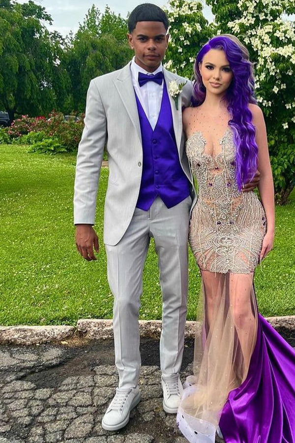 Gray Peaked Lapel Prom Men Suits With Royal Blue Waistcoat