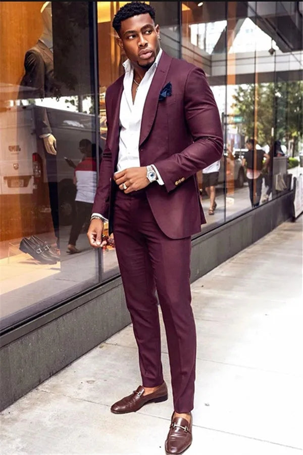 Close Fitting Burgundy Shawl Lapel Prom Men Suits