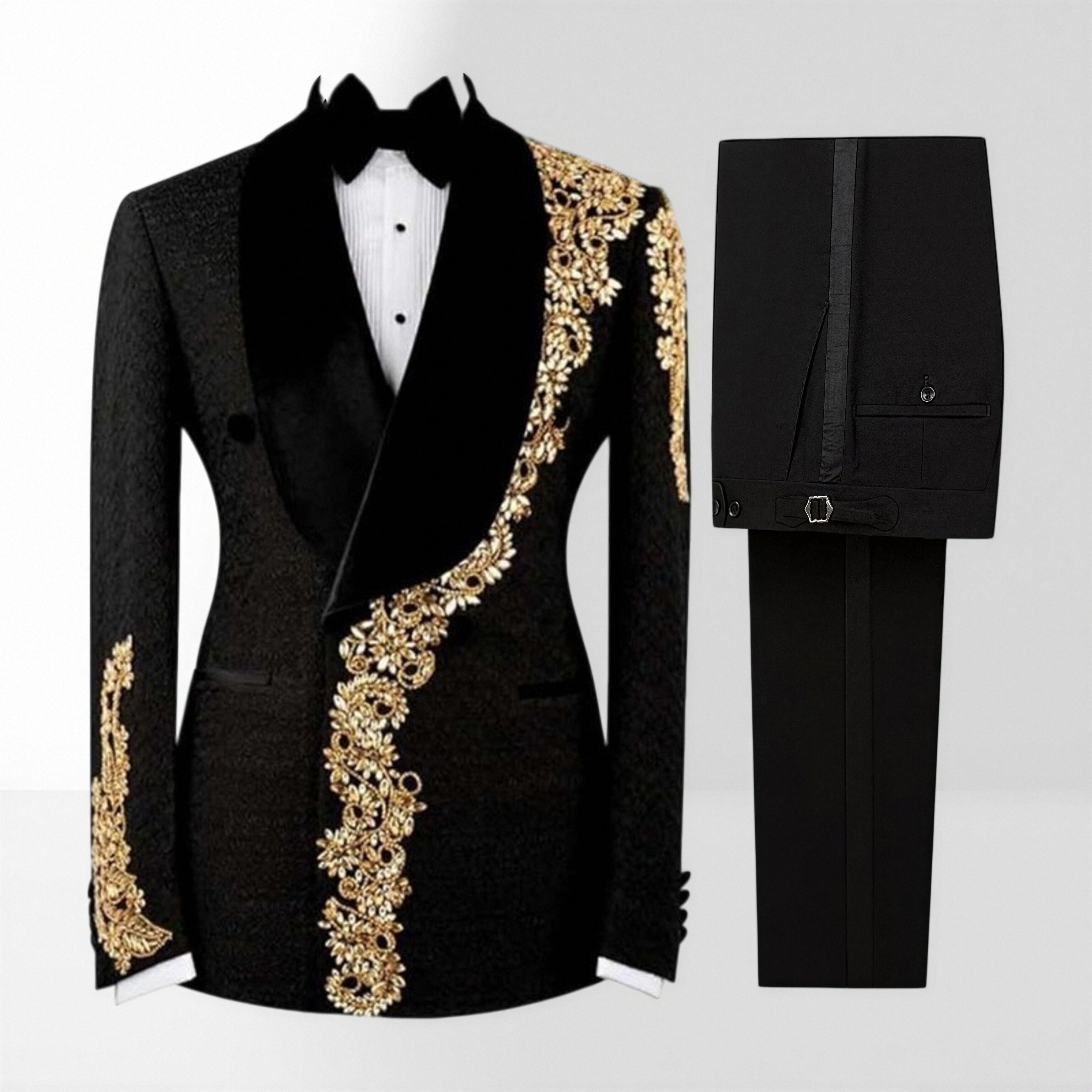 Black Jacquard Double Breasted Shawl Lapel Appliques Prom Suit