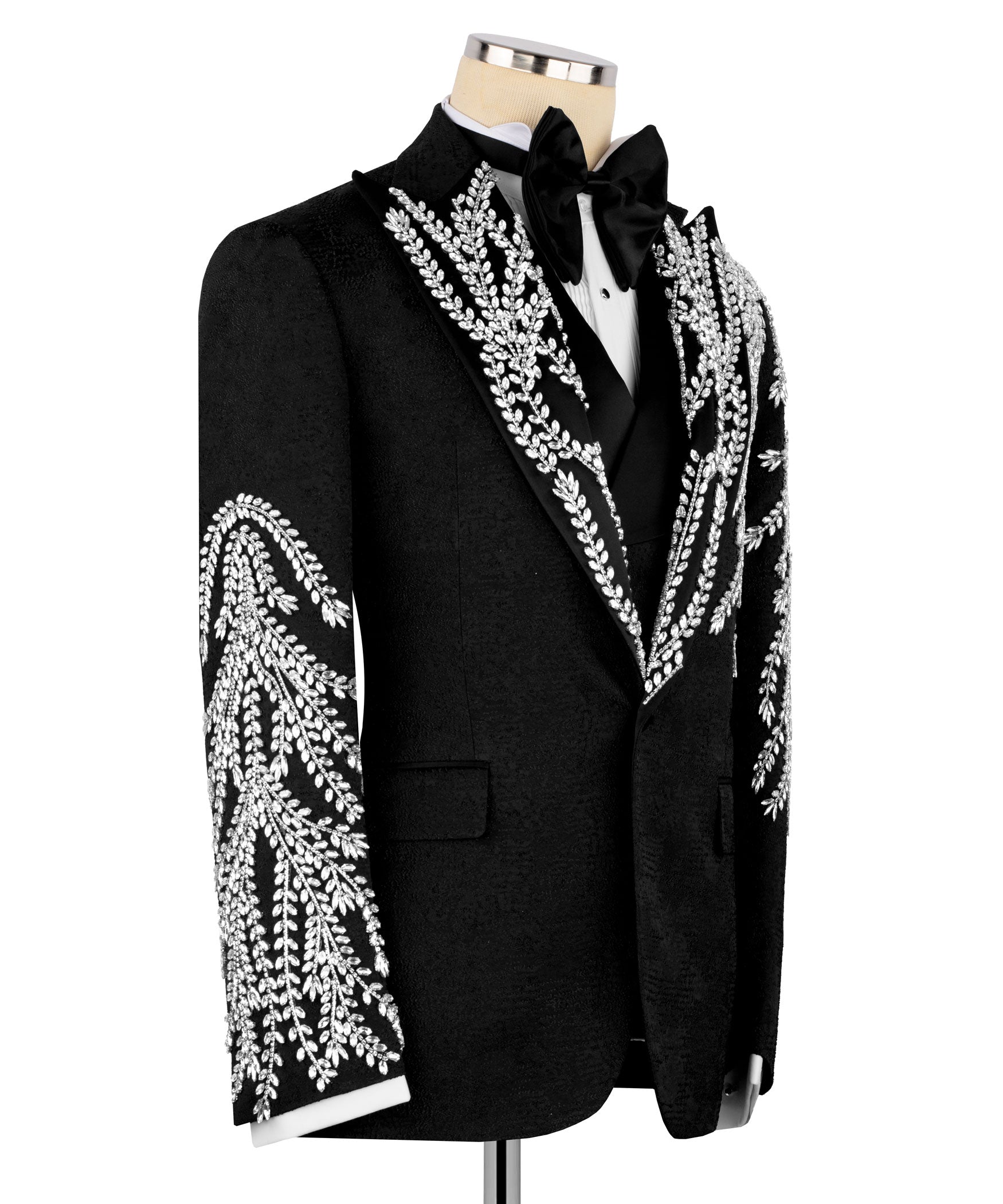 Black Jacquard Newest Peaked Lapel Appliques 3 Pieces Prom Men Suit
