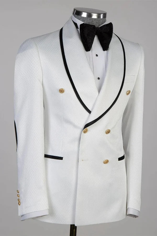 Gentle White Shawl Lapel Double Breasted Wedding Suits With Black Pants