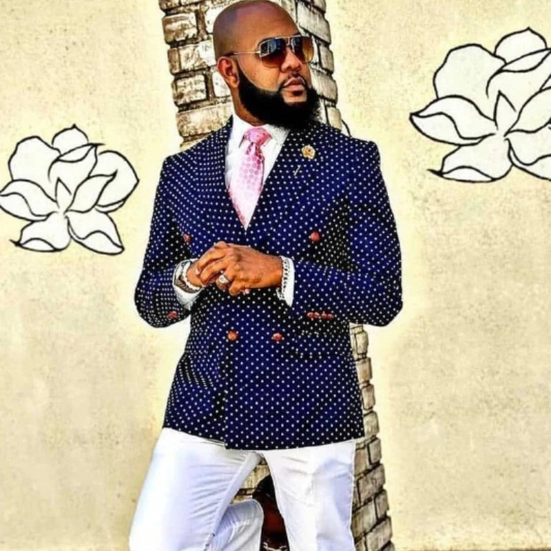 Trendy Dark Navy Double Breasted Dot Prom Suits For Men