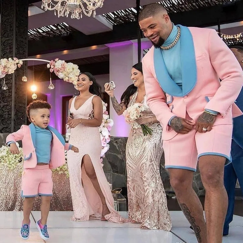 Pink Newest Men's Prom Suits With Blue Shawl Lapel
