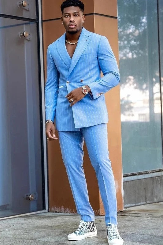 Chic Sky Blue Double Breasted Striped Men's Prom Suits