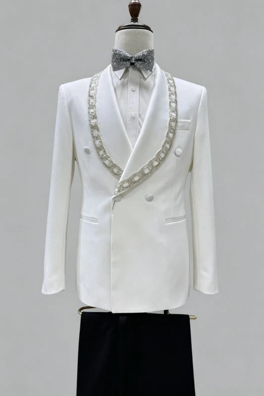 Gentle White Beadings Double Breasted Shawl Lapel Wedding Suits