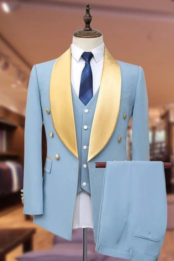 Blue 3 Pieces Bespoke Newest Shawl Lapel Wedding Suits