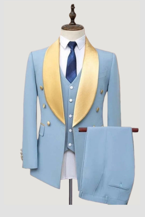 Blue 3 Pieces Bespoke Newest Shawl Lapel Wedding Suits