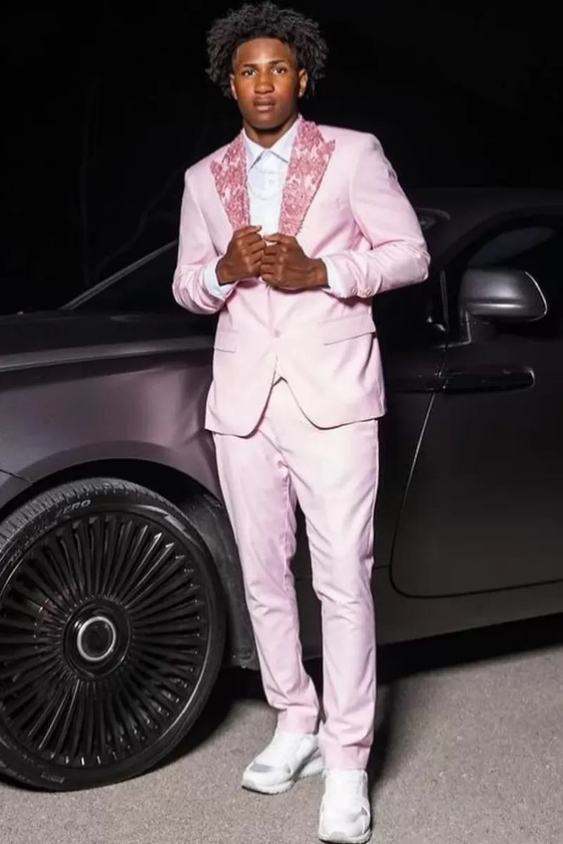Newest Pink Bespoke Peaked Lapel Prom Men Suits With Appliques
