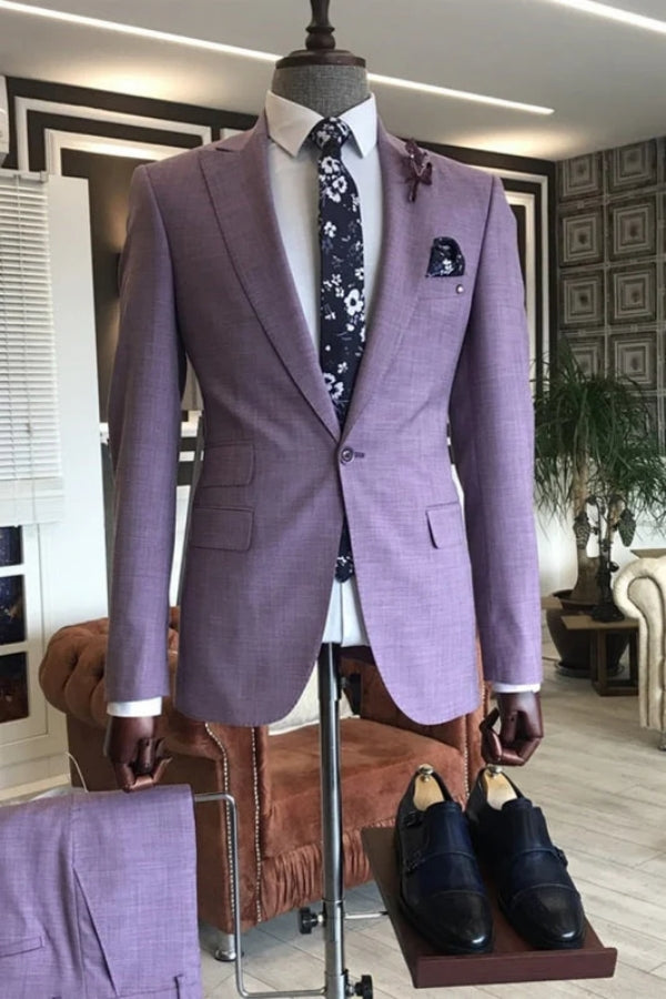 Modern Purple Handsome Newest Peaked Lapel Prom Suits