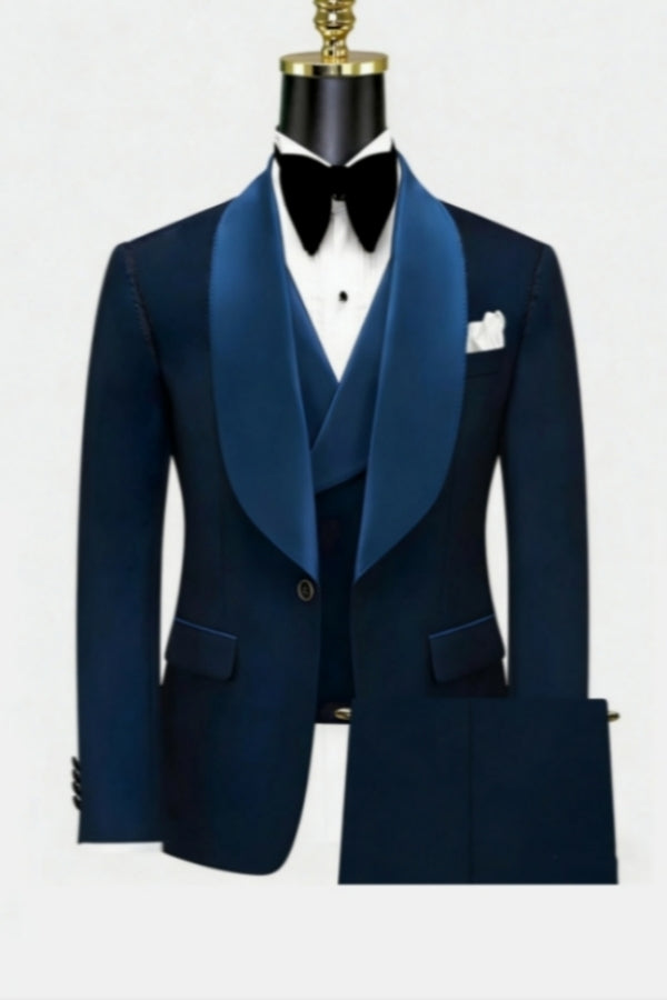 Dark Blue Handsome 3 Pieces Wedding Suits With Velvet Shawl Lapel