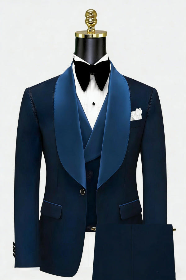 Dark Blue Handsome 3 Pieces Wedding Suits With Velvet Shawl Lapel