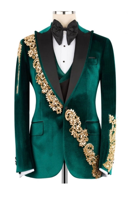 Green Velvet Peaked Lapel Gold Appliques 3 Pieces Prom Men Suits