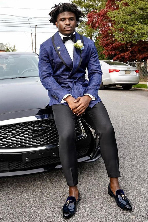 Dark Blue Jacquard Shawl Lapel Prom Suits With Belt