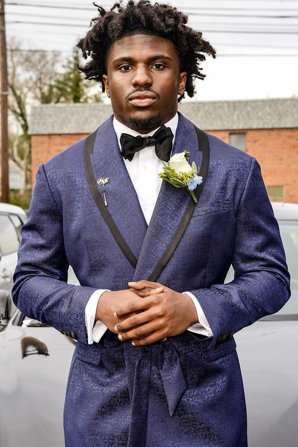 Dark Blue Jacquard Shawl Lapel Prom Suits With Belt