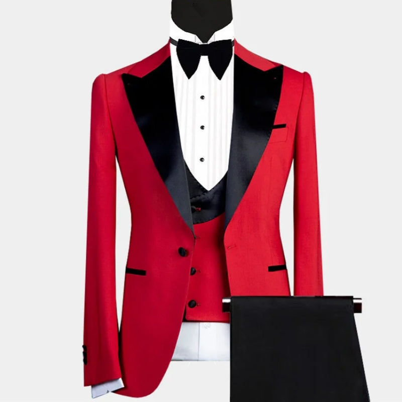 Glamorous Red Stylish 3 Pieces Peaked Lapel Prom Suits