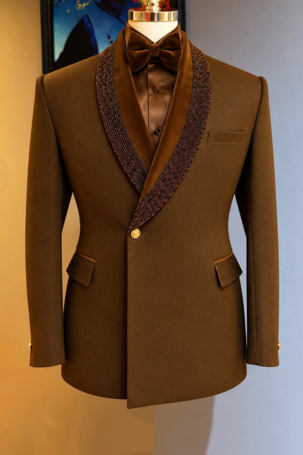 Brown Velvet Woven Trim Shawl Lapel One Button Prom Men Suits