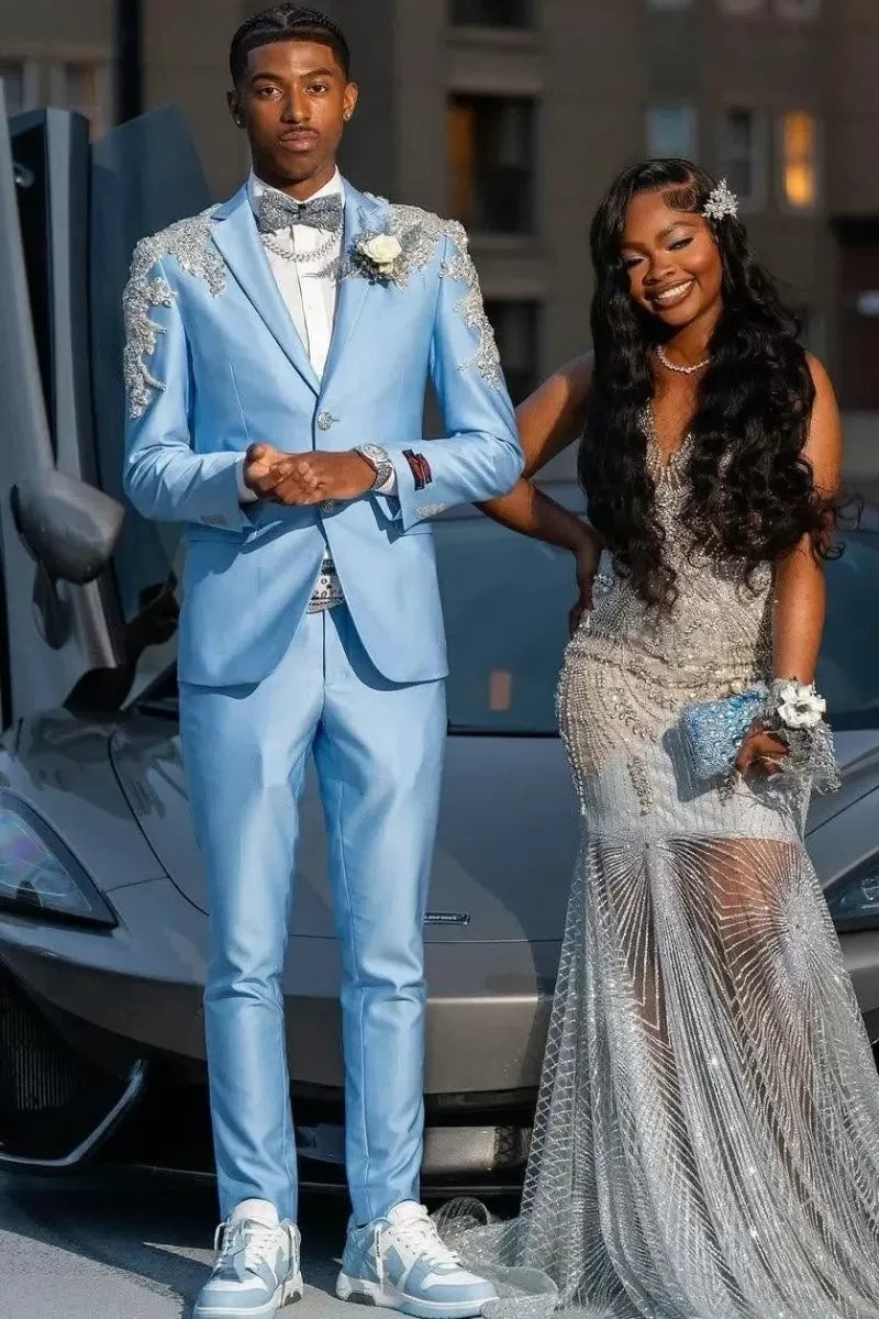 Glamorous Sky Blue Men’s Prom Suits With Silver Beaded Appliques