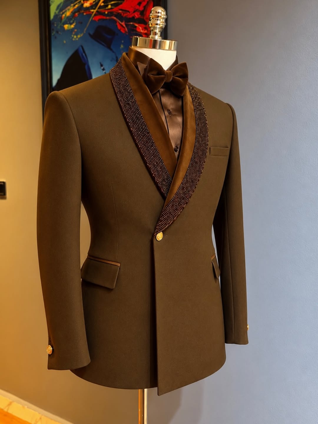 Brown Velvet Woven Trim Shawl Lapel One Button Prom Men Suits