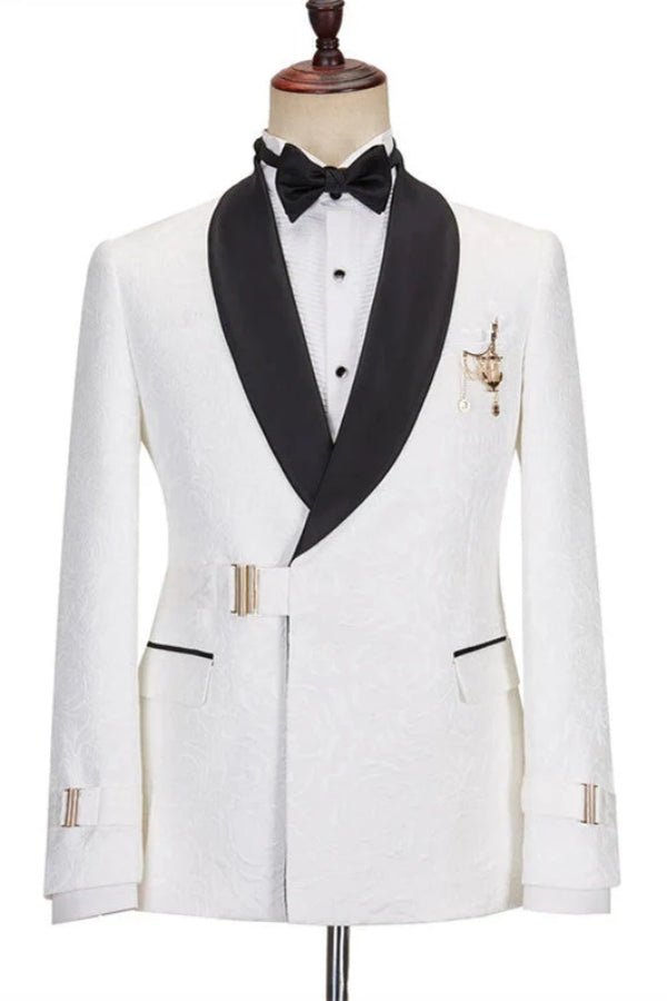 Stylish White Shawl Lapel Buckle Wedding Suits