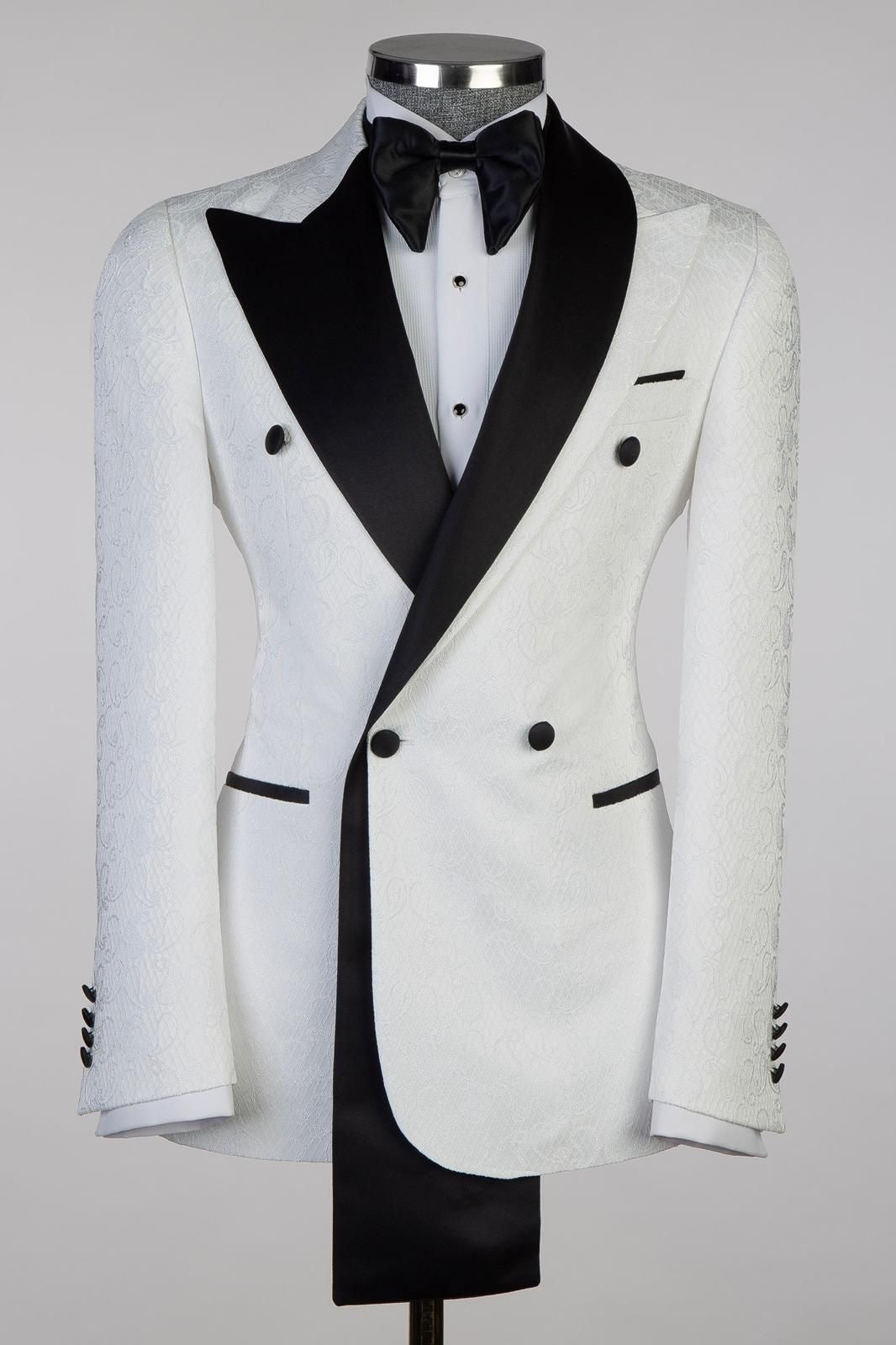 White Jacquard Black Satin Shawl Lapel Double Breasted Wedding Men Suits