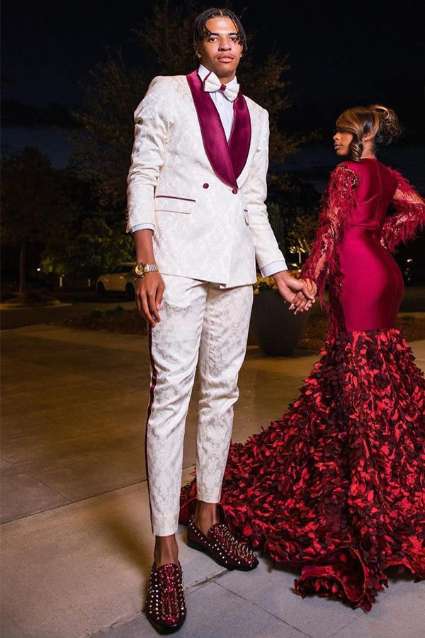 Best Fitted White Jacquard Shawl Lapel Prom Suit For Men
