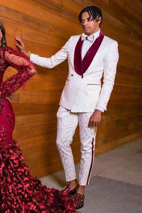 Best Fitted White Jacquard Shawl Lapel Prom Suit For Men