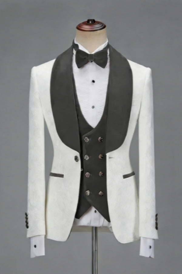 Trendy White Jacquard Gray Shawl Lapel Wedding Suits