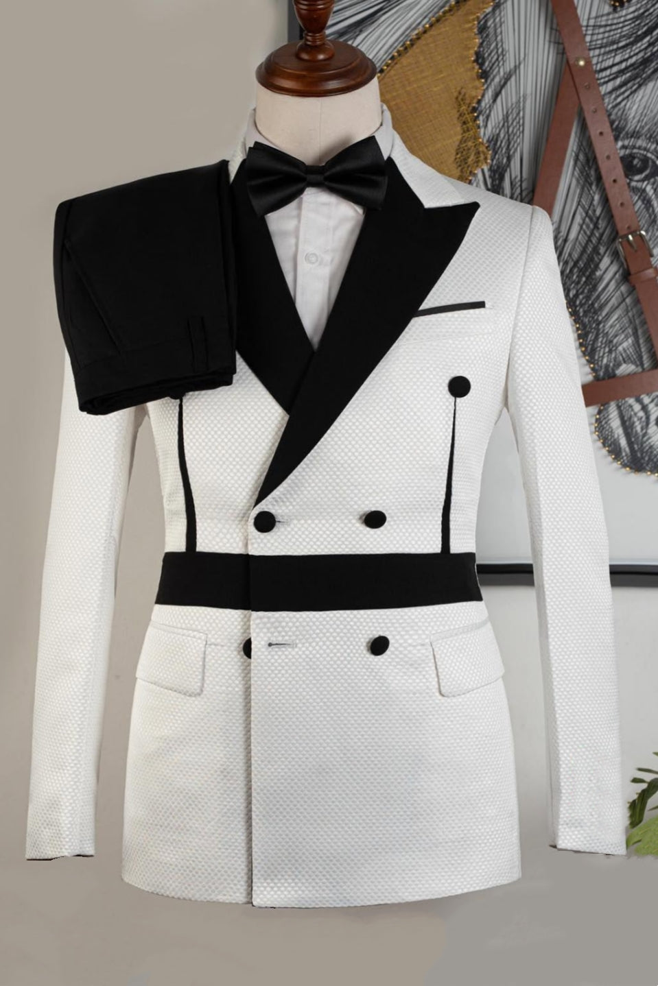 Classy White Plaid Double Breasted Peaked Lapel Prom Suits