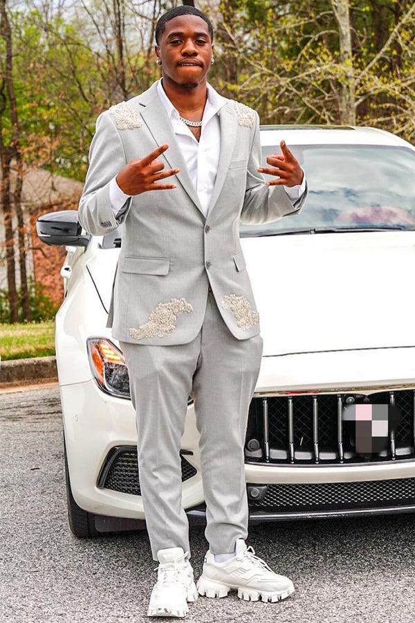 Fancy Light Gray Notched Lapel Appliques Prom Men Suit