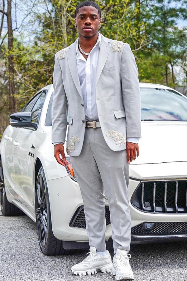Fancy Light Gray Notched Lapel Appliques Prom Men Suit
