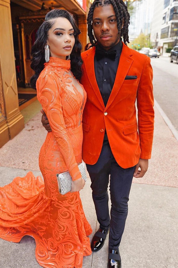 Bright Orange Velvet Notched Lapel Prom Men Suit