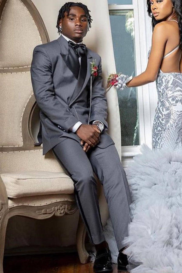 Close Fitting Gray One Button Peaked Lapel Prom Men Suit