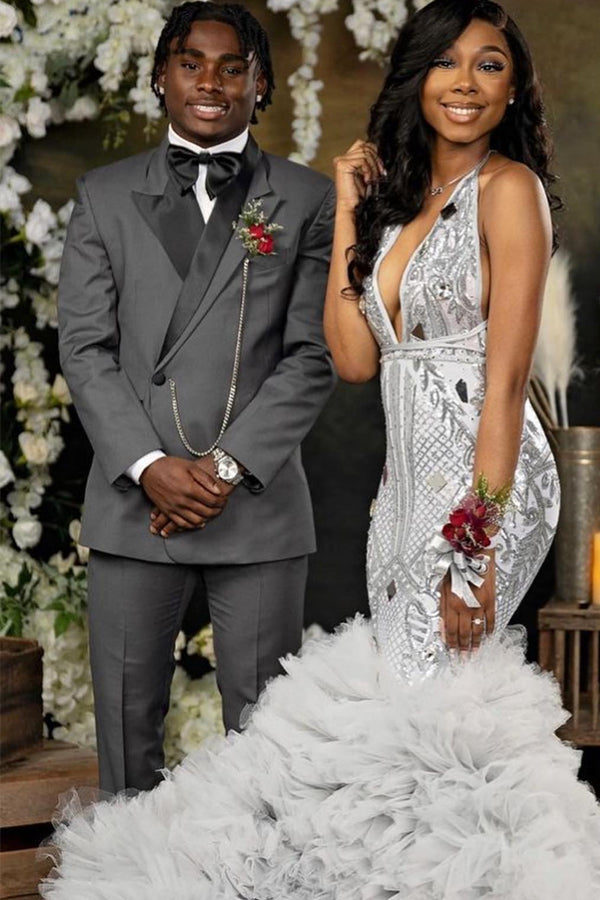 Close Fitting Gray One Button Peaked Lapel Prom Men Suit