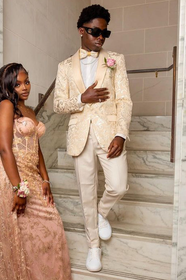 Handsome Champagne Shawl Lapel Jacquard Slim Fit Prom Suits