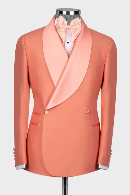 Glamorous Coral Pink Shawl Lapel Double Breasted Wedding Suits