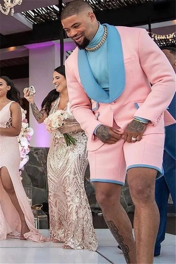 Pink Newest Men's Prom Suits With Blue Shawl Lapel