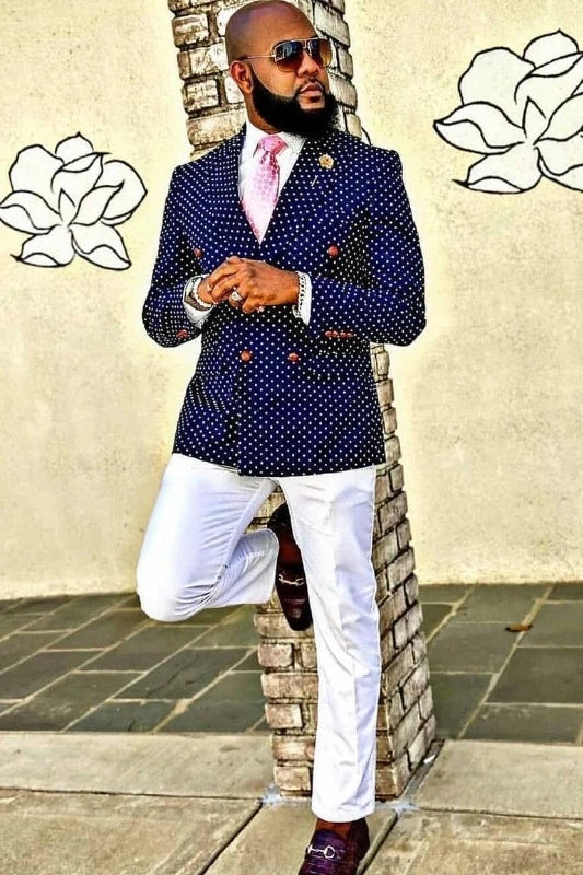 Trendy Dark Navy Double Breasted Dot Prom Suits For Men
