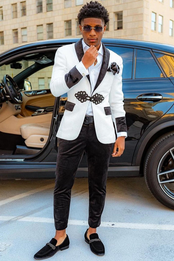 White Jacquard Bespoke Black Velvet Shaw Lapel Frog Closure Prom Suits