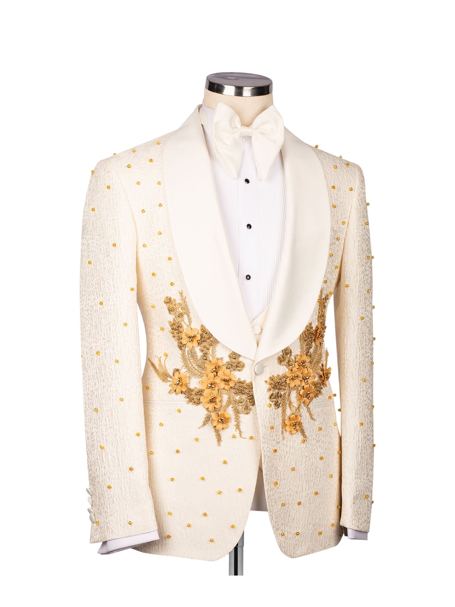 3 Pieces Cream Shawl Lapel Gold Beadings Prom Suit With Appliques