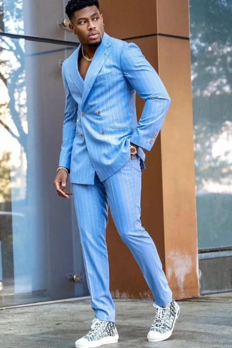 Chic Sky Blue Double Breasted Striped Men's Prom Suits