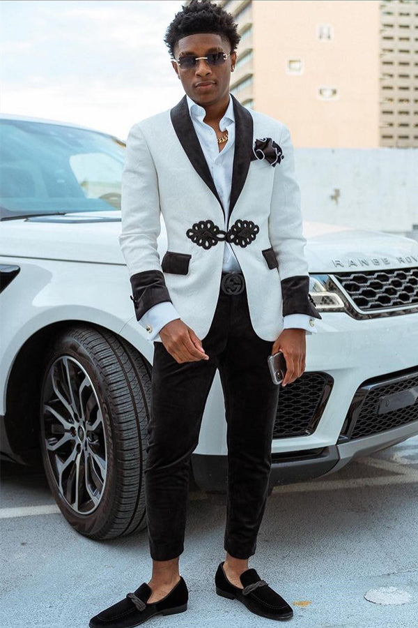 White Jacquard Bespoke Black Velvet Shaw Lapel Frog Closure Prom Suits
