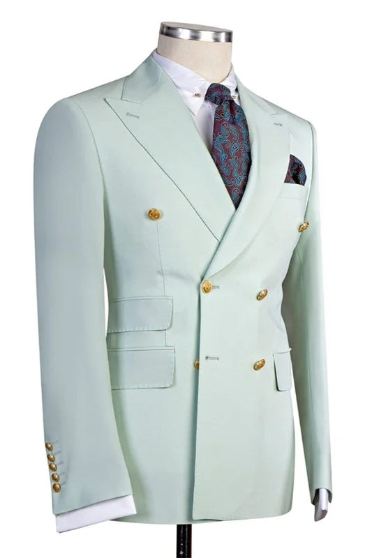 Modern Mint Green Peaked Lapel Double Breasted Prom Suits