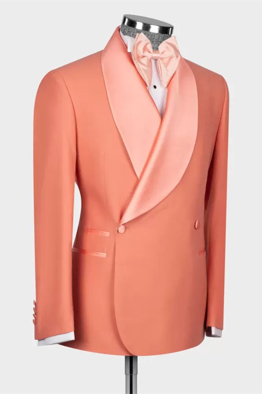 Glamorous Coral Pink Shawl Lapel Double Breasted Wedding Suits