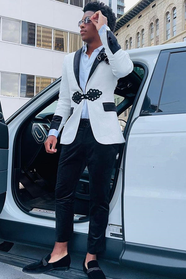 White Jacquard Bespoke Black Velvet Shaw Lapel Frog Closure Prom Suits