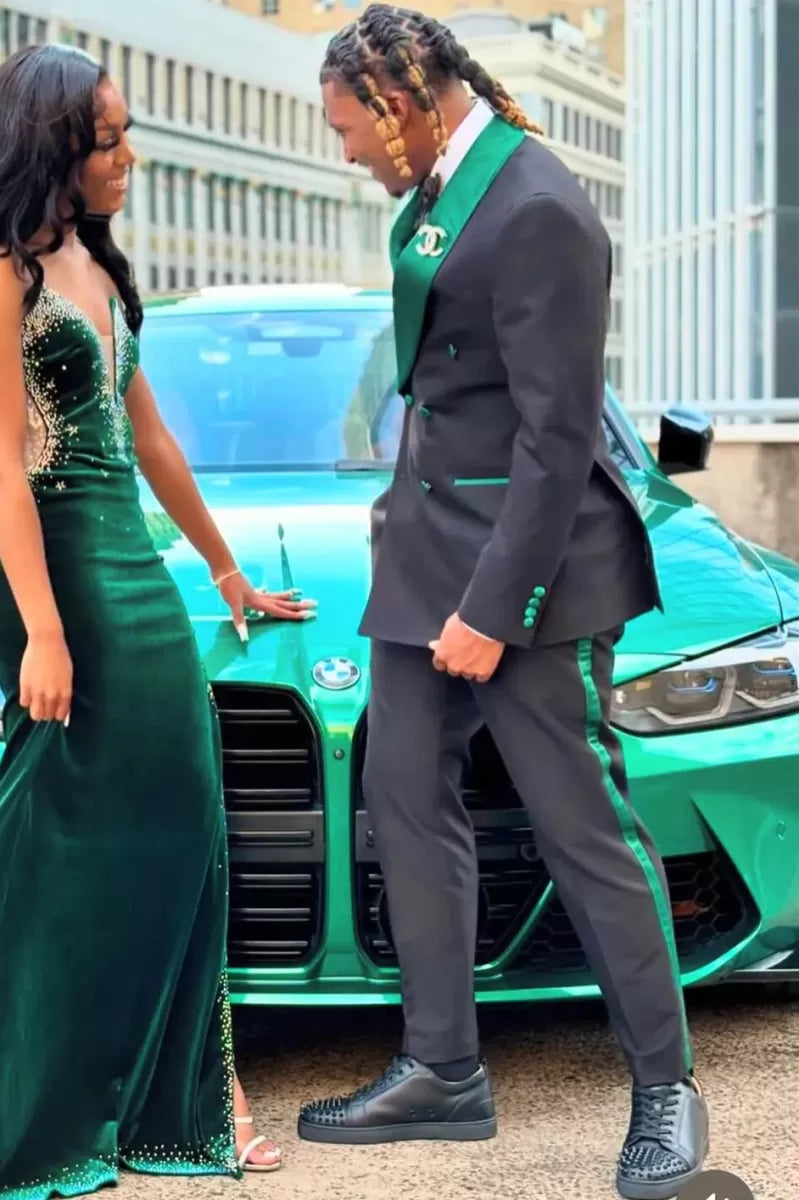 Newest Trendy Black Double Breasted Prom Men Suits With Green Shawl Lapel