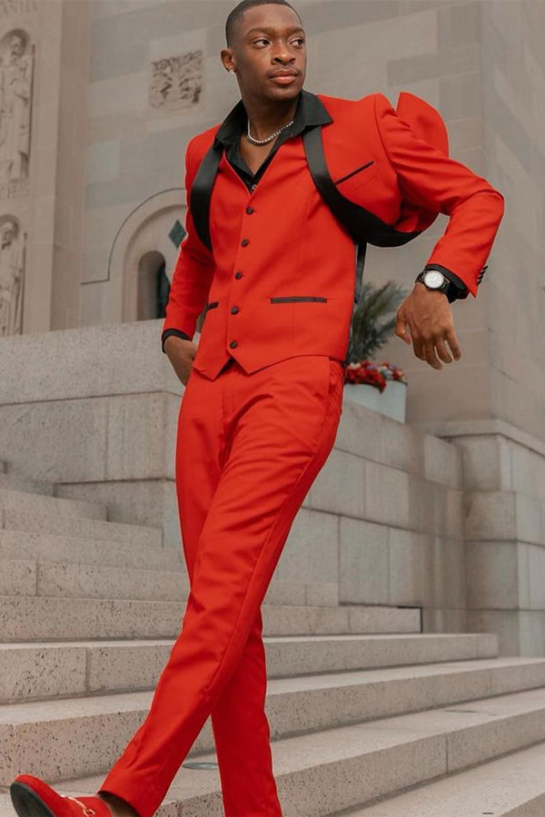 Handsome 3 Pieces Red Prom Men Suit With Black Shawl Lapel